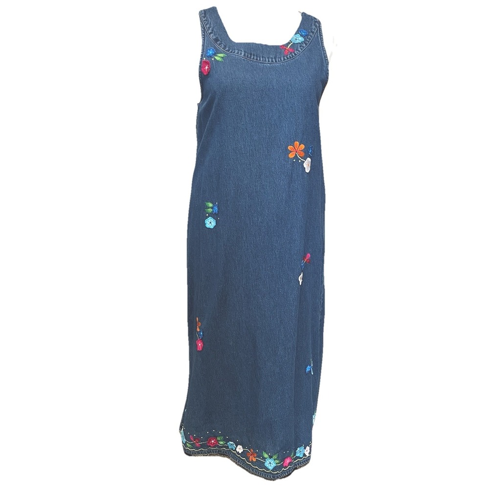 Vtg Denim Embroidered Jumper Dress L Midi Cottagecore Prairie Boho Appliqué